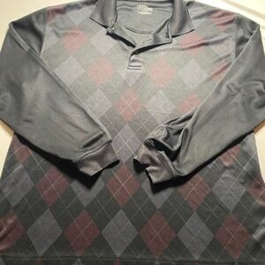 PGA Tour Mens XL Long Sleeve Golf Polo Shirt Argyle Grey Black Maroon